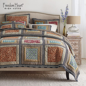 出口美式风格全棉手工拼布绗缝被床盖空调被床单床上用品三件套