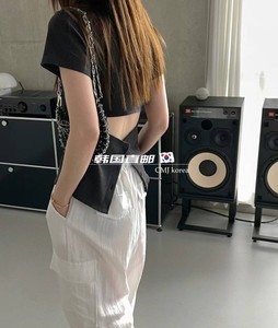 韩国直邮正品FLOWER-L东大门代购春夏新款 性感露背系扣短袖T恤