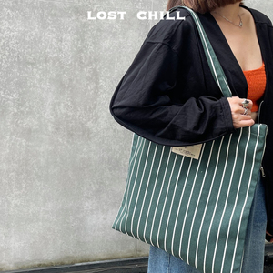 Lost Chill-复古墨绿色条纹帆布包斜跨包单肩大容量文艺帆布袋厚