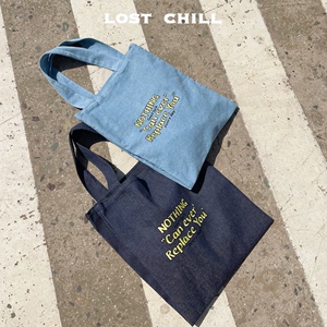 Lost Chill-美式复古牛仔包包大容量柠檬黄色字母刺绣帆布包miu系