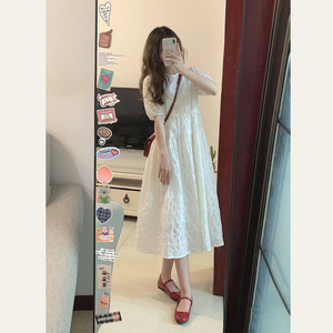 高级感白色连衣裙女夏季2023韩版法式泡泡袖收腰显瘦桔梗裙长裙子