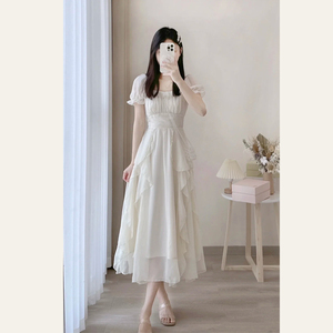 白色法式雪纺连衣裙女夏季2023新款泡泡袖温柔风淑女收腰显瘦长裙