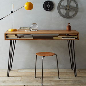 北欧个性书桌复古办公台式家用学习实木美甲桌美式铁艺双层写字台