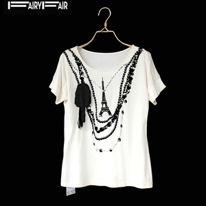 FAIRYFAIR专柜正品项链印花蝴蝶结时尚米白高端木代尔棉短袖T恤