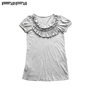 夏季 Fairyfair正品浅灰色高端纯棉荷叶边套头短袖纯色针织衫T恤