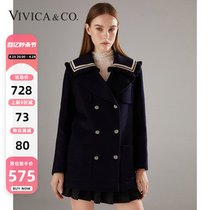 薇薇卡2023冬季时尚小香风双面呢大衣女藏青色设计感双领毛呢外套