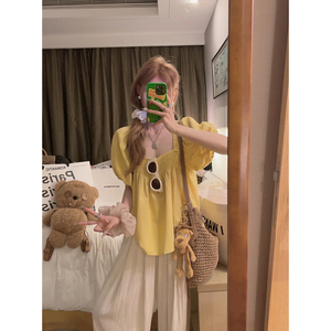 Yukiss 黄色方领短袖衬衫娃娃衫女夏宽松设计感遮肉显瘦舒适上衣