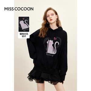 MISSCOCOON猫咪爱心印花减龄卫衣裙24春新款拼接网纱假两件连衣裙