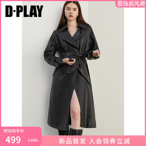 DPLAY2024秋季气质通勤黑色翻领双排扣PU女士长款风衣外套皮衣