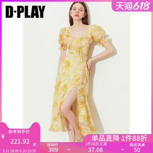 DPLAY2024夏装黄色连衣裙雪纺连衣裙碎花裙多巴胺海边度假沙滩裙