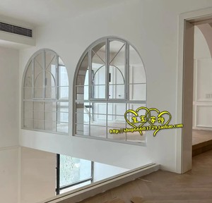 新款时尚奶油风圆弧形平开铁艺窗户法式屏风隔断墙壁艺术钢化玻璃