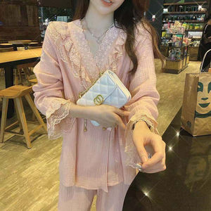 春秋新款超仙睡衣女韩版蕾丝甜美家居服女可外穿洋气减龄长袖套。