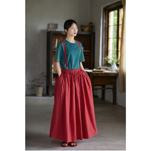 壹旧原著【言若】夏款丹罽红进口布料日晒干系列棉麻背带裙0279
