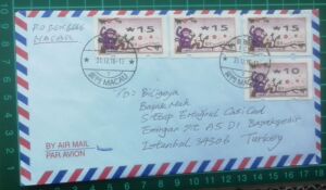 澳门实寄封 2016年邮资标签电子邮票生肖猴寄土尔其 年尾趣味