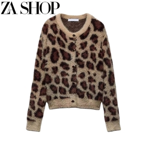 ZA冬季新款女装开衫毛衣动物纹提花人造皮草效果针织外套 9598377