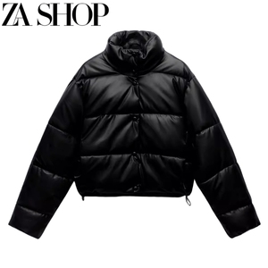 ZA 冬季新品女装立领长袖面包服黑色仿皮棉服夹克短外套 3427793