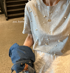 猪小虫韩国进口 女装代购24春夏新品甜美高级感立体珍珠芝麻灰T恤