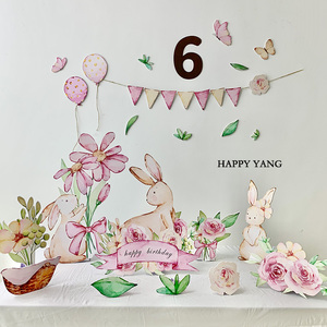 韩国ins漫画风粉色小兔子动物装饰桌面KT板周岁生日背景布置儿童