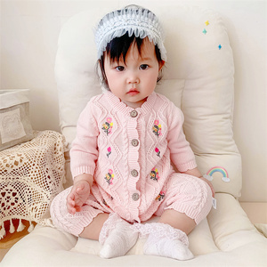 婴儿韩版衣服秋冬套装新生女宝宝针织连体衣哈衣外出爬服加绒毛衣