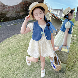 女童夏季连衣裙套装2024新款宝宝韩版洋气儿童牛仔马甲裙子两件套
