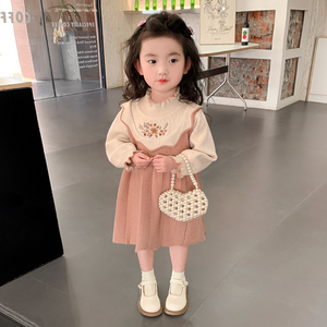 女童春季2024新款韩版小女孩裙子花朵刺绣假两件连衣裙甜美毛衣裙
