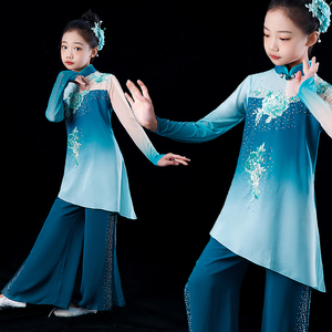 六一儿童秧歌服演出服女童扇舞舞蹈服装飘逸雪纺小女孩跳舞表演服
