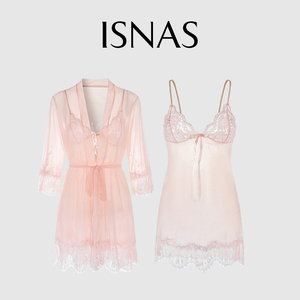 法国 ISNAS虾粉色性感纯色网纱透视吊带睡裙系带外袍女家居服