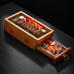 实木烟熏和牛肉隔层餐盒西式牛肋骨食盒酒店创意迷迭香熏牛排餐具