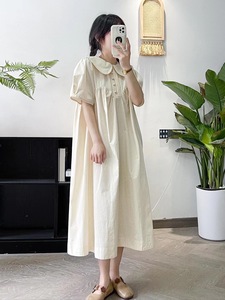 森日系小众设计感减龄娃娃领短袖连衣裙夏季新文艺法式棉布A字裙