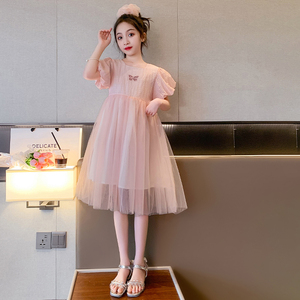 女大童甜美连衣裙夏季2024新款韩版洋气小女孩夏天网纱公主裙子。