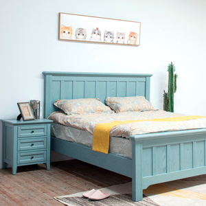 木朵朵家具美式复古原木双人床灰蓝色橡木定制纯实木1.35米儿童床