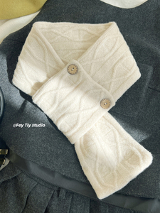 出口日本 含羊毛针织交叉围巾女秋冬季保暖经典米色绞花围脖韩版