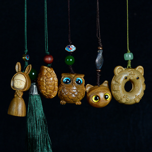 绿檀木雕刻猫头鹰富甲DIY手机挂饰挂件钥匙扣可爱手机链包包挂饰