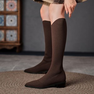 冬季新款粗跟飞织长靴女尖头棕色中跟袜靴黑色女靴子针织弹力靴
