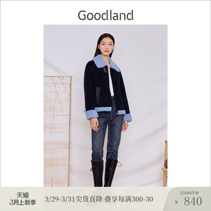 Goodland美地女装春秋真皮H型双面呢短款翻领羊毛呢外套