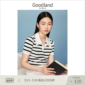 【经典升级】Goodland美地女装夏季黑白撞色条纹针织衫