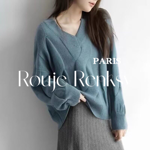 法国Rouje Renksy法式小众雾霾蓝v领针织衫女秋冬季套头宽松毛衣
