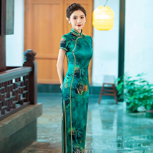 新中式绝美改良旗袍真丝桑蚕丝高端女装夏季优雅长款新款礼服走秀