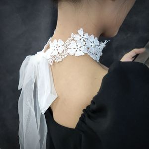 新品超仙镂空蕾丝白色花朵气质长款珍珠系带绑带锁骨链choker颈带