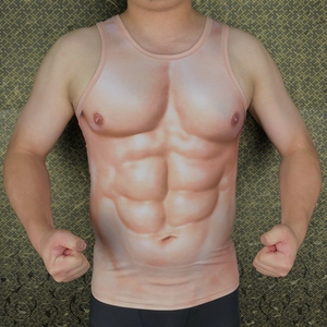 抖音同款3d印花肌肉猛男背心创意衣服假胸肌腹肌上衣紧身衣打底衫