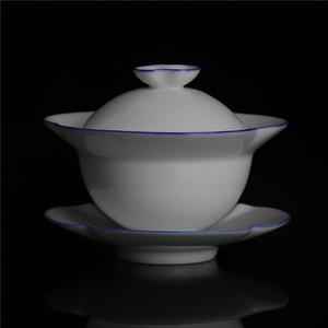 台湾衡连正品泡壶高端陶瓷白晶莹剔透泡茶定窑白瓷蓝边三叶盖碗