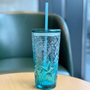 星巴克杯子海洋雅致简约渐变蓝立体浮雕女神玻璃大容量桌面吸管杯