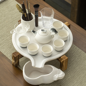 家用白陶功夫茶具套装创意陶瓷石磨茶盘现代简约玻璃泡茶器茶杯