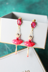 法国LesNereides芭蕾舞女孩 玫瑰红色镶钻宝石 婚礼耳环耳钉耳夹
