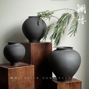 侘寂风复古黑色花瓶新中式禅意高级感插花陶罐做旧陶瓷摆件装饰品