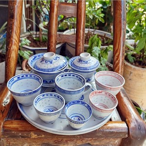 青花玲珑杯子景德镇陶瓷茶具大小杯马蹄盖碗三才杯釉下彩复古盖置