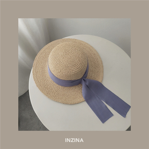 INZINA淡紫色拉菲草帽夏季法式遮阳帽大头围帽女新款帽子长春花蓝