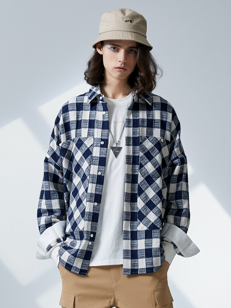 jpe男装2020春季新款高街休闲棉麻格子长袖衬衫刺绣上衣ac9aa051