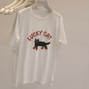 穿搭好物~韩版卡通猫咪印花短袖T恤女夏季薄款休闲白带减龄上衣