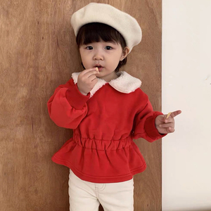 韩国进口秋冬女童纯色加绒加厚毛领卫衣裙柔软舒适洋气束腰新年服